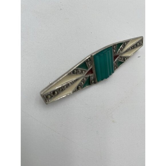 Vintage Silver Tone Turquoise Pin Brooch Bar Rhinestone Jewelry Scarf  2.5" Long - Picture 4 of 6